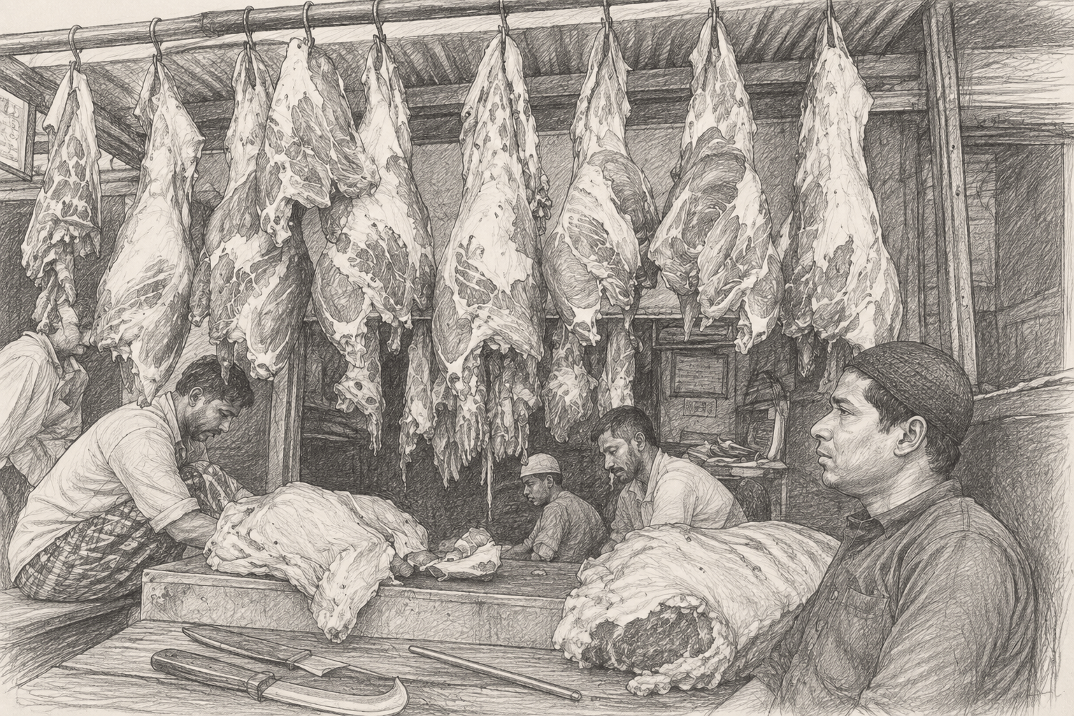 Professional butcher knives laid out in a meat-cutting workspace